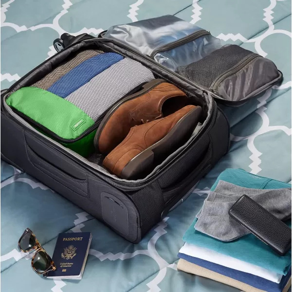 imageAmazon Basics Lightweight Packing Cubes for Travel 4 Piece Set With Double Zipper Pulls and Mesh Top Panel 100 Durable Polyester Small Sky BlueGreen