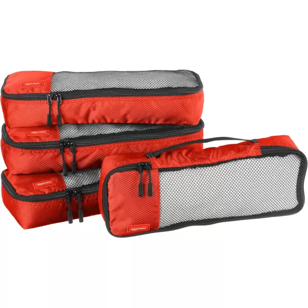 imageAmazon Basics Lightweight Packing Cubes for Travel 4 Piece Set With Double Zipper Pulls and Mesh Top Panel 100 Durable Polyester Small Sky BlueRed