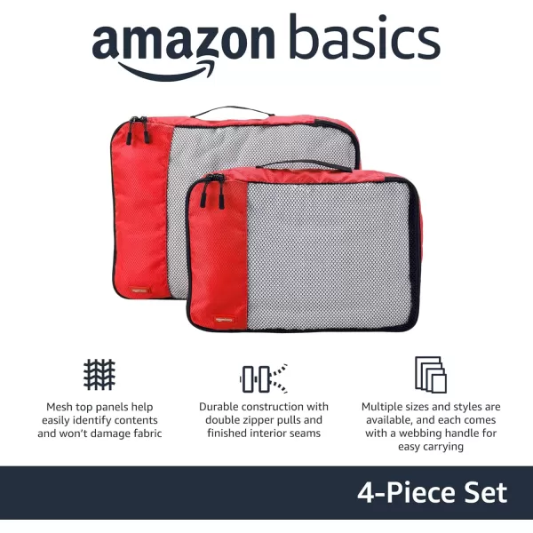 imageAmazon Basics Lightweight Packing Cubes for Travel 4 Piece Set With Double Zipper Pulls and Mesh Top Panel 100 Durable Polyester Small Sky BlueRed