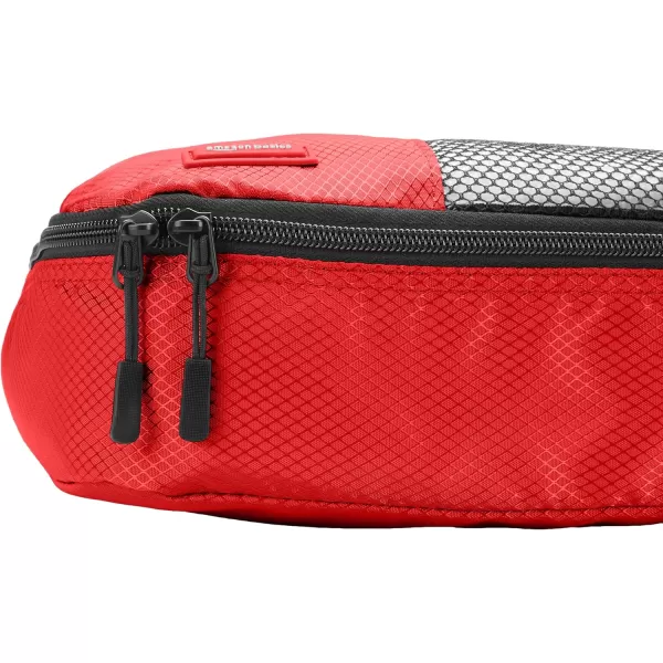 imageAmazon Basics Lightweight Packing Cubes for Travel 4 Piece Set With Double Zipper Pulls and Mesh Top Panel 100 Durable Polyester Small Sky BlueRed