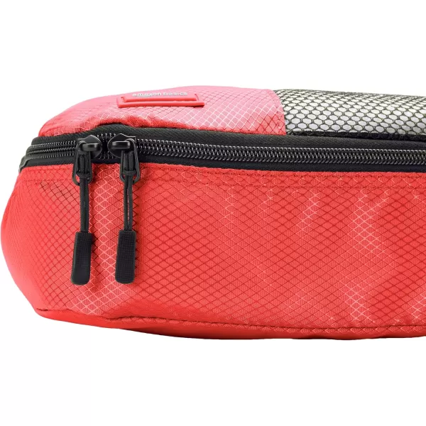 imageAmazon Basics Lightweight Packing Cubes for Travel 4 Piece Set With Double Zipper Pulls and Mesh Top Panel 100 Durable Polyester Small Sky BlueRed