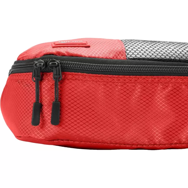 imageAmazon Basics Lightweight Packing Cubes for Travel 4 Piece Set With Double Zipper Pulls and Mesh Top Panel 100 Durable Polyester Small Sky BlueRed
