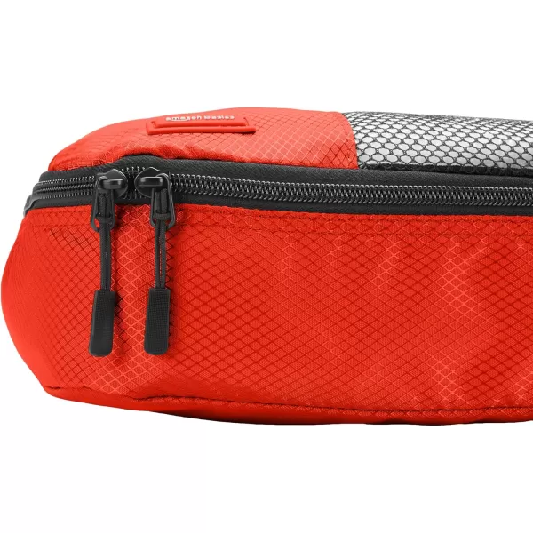 imageAmazon Basics Lightweight Packing Cubes for Travel 4 Piece Set With Double Zipper Pulls and Mesh Top Panel 100 Durable Polyester Small Sky BlueRed