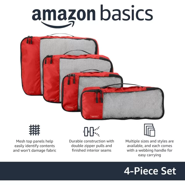 imageAmazon Basics Lightweight Packing Cubes for Travel 4 Piece Set With Double Zipper Pulls and Mesh Top Panel 100 Durable Polyester Small Sky BlueRed