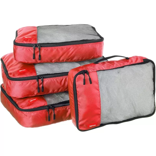 imageAmazon Basics Lightweight Packing Cubes for Travel 4 Piece Set With Double Zipper Pulls and Mesh Top Panel 100 Durable Polyester Small Sky BlueRed