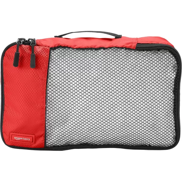 imageAmazon Basics Lightweight Packing Cubes for Travel 4 Piece Set With Double Zipper Pulls and Mesh Top Panel 100 Durable Polyester Small Sky BlueRed