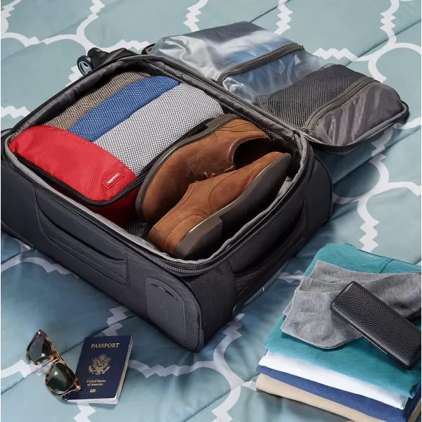 imageAmazon Basics Lightweight Packing Cubes for Travel 4 Piece Set With Double Zipper Pulls and Mesh Top Panel 100 Durable Polyester Small Sky BlueRed
