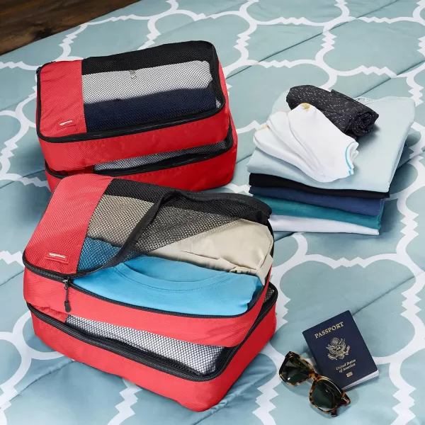 imageAmazon Basics Lightweight Packing Cubes for Travel 4 Piece Set With Double Zipper Pulls and Mesh Top Panel 100 Durable Polyester Small Sky BlueRed