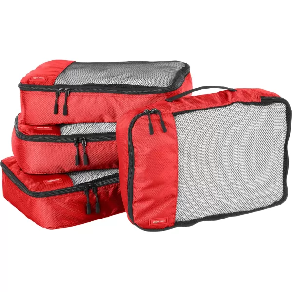 imageAmazon Basics Lightweight Packing Cubes for Travel 4 Piece Set With Double Zipper Pulls and Mesh Top Panel 100 Durable Polyester Small Sky BlueRed