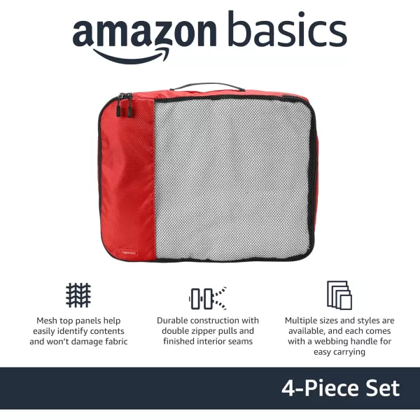 imageAmazon Basics Lightweight Packing Cubes for Travel 4 Piece Set With Double Zipper Pulls and Mesh Top Panel 100 Durable Polyester Small Sky BlueRed
