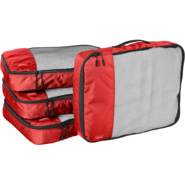 imageAmazon Basics Lightweight Packing Cubes for Travel 4 Piece Set With Double Zipper Pulls and Mesh Top Panel 100 Durable Polyester Small Sky BlueRed