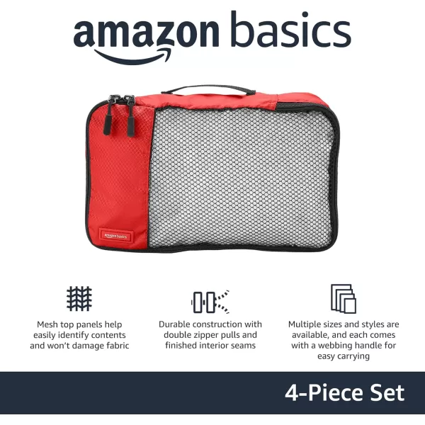 imageAmazon Basics Lightweight Packing Cubes for Travel 4 Piece Set With Double Zipper Pulls and Mesh Top Panel 100 Durable Polyester Small Sky BlueRed