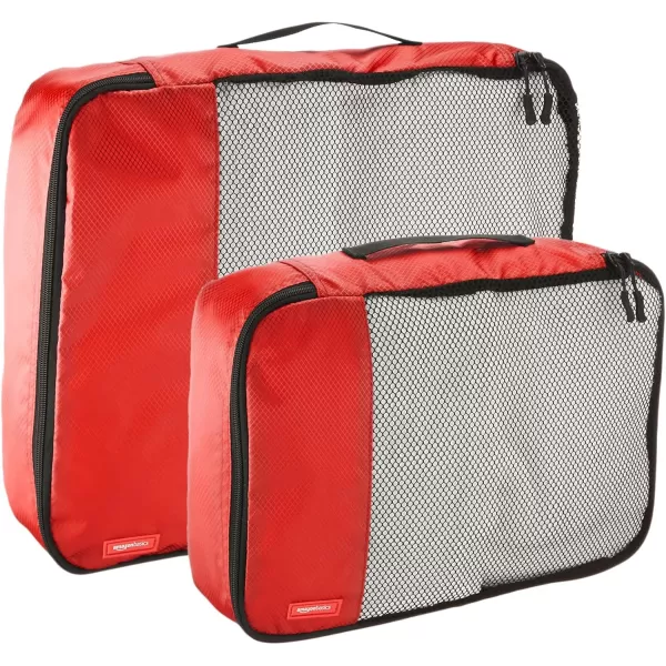 imageAmazon Basics Lightweight Packing Cubes for Travel 4 Piece Set With Double Zipper Pulls and Mesh Top Panel 100 Durable Polyester Small Sky BlueRed
