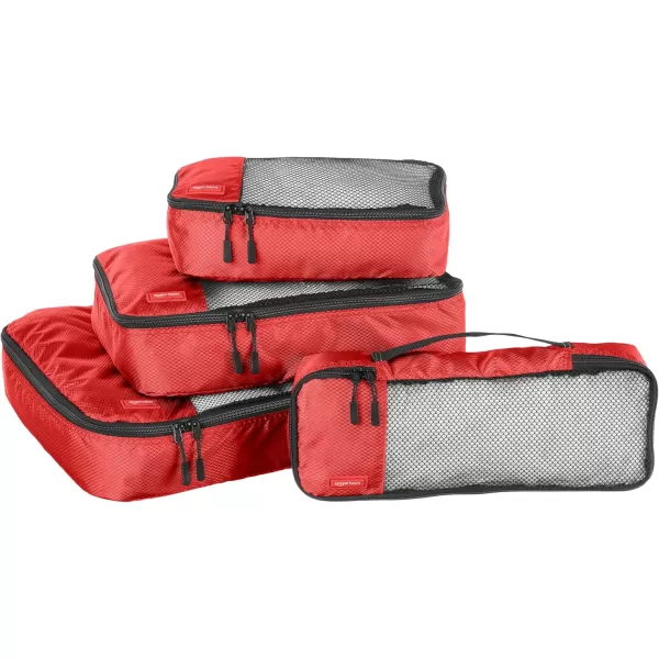 imageAmazon Basics Lightweight Packing Cubes for Travel 4 Piece Set With Double Zipper Pulls and Mesh Top Panel 100 Durable Polyester Small Sky BlueRed
