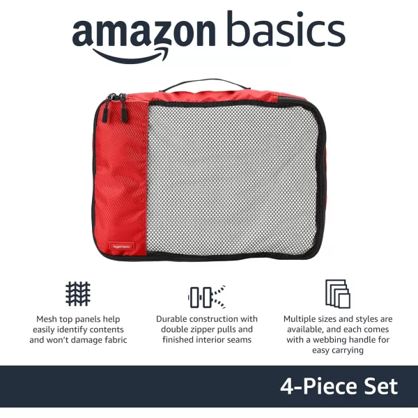 imageAmazon Basics Lightweight Packing Cubes for Travel 4 Piece Set With Double Zipper Pulls and Mesh Top Panel 100 Durable Polyester Small Sky BlueRed