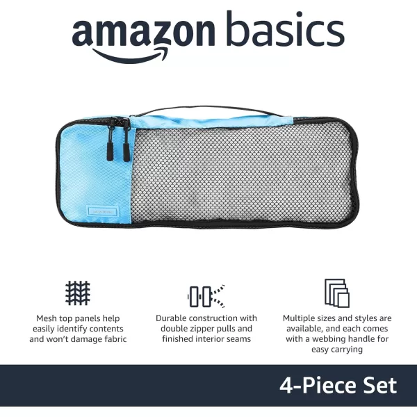 imageAmazon Basics Lightweight Packing Cubes for Travel 4 Piece Set With Double Zipper Pulls and Mesh Top Panel 100 Durable Polyester Small Sky BlueSky Blue