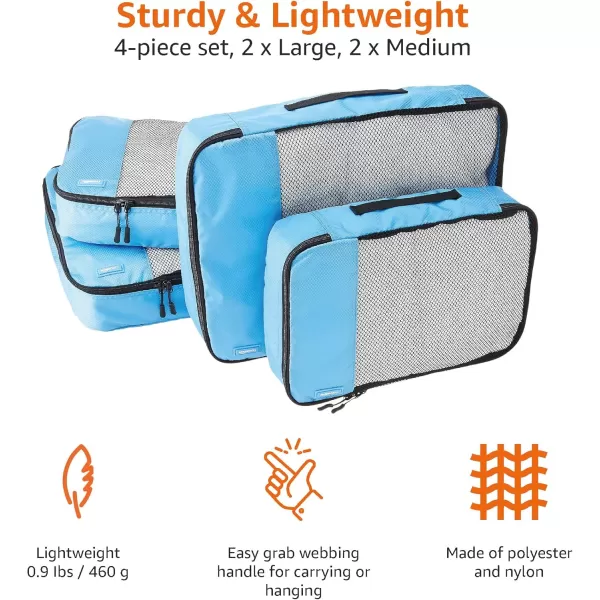 imageAmazon Basics Lightweight Packing Cubes for Travel 4 Piece Set With Double Zipper Pulls and Mesh Top Panel 100 Durable Polyester Small Sky BlueSky Blue