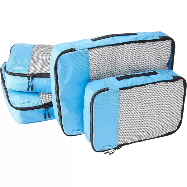 imageAmazon Basics Lightweight Packing Cubes for Travel 4 Piece Set With Double Zipper Pulls and Mesh Top Panel 100 Durable Polyester Small Sky BlueSky Blue