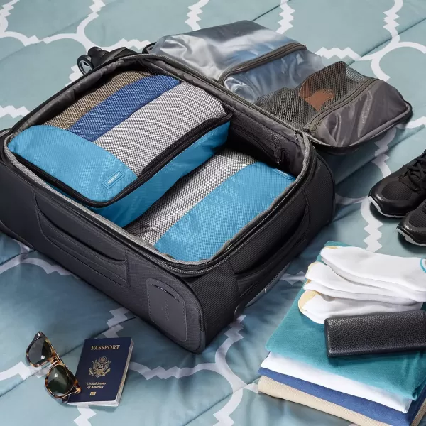 imageAmazon Basics Lightweight Packing Cubes for Travel 4 Piece Set With Double Zipper Pulls and Mesh Top Panel 100 Durable Polyester Small Sky BlueSky Blue