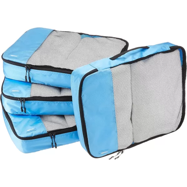 imageAmazon Basics Lightweight Packing Cubes for Travel 4 Piece Set With Double Zipper Pulls and Mesh Top Panel 100 Durable Polyester Small Sky BlueSky Blue