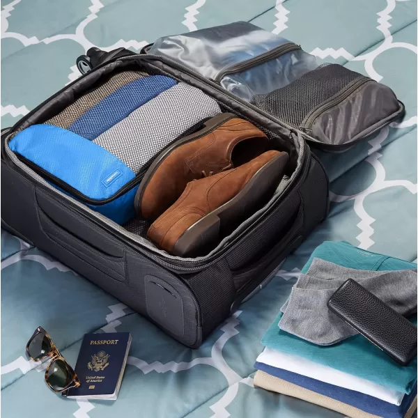 imageAmazon Basics Lightweight Packing Cubes for Travel 4 Piece Set With Double Zipper Pulls and Mesh Top Panel 100 Durable Polyester Small Sky BlueSky Blue