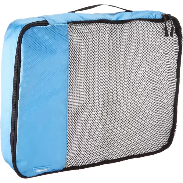 imageAmazon Basics Lightweight Packing Cubes for Travel 4 Piece Set With Double Zipper Pulls and Mesh Top Panel 100 Durable Polyester Small Sky BlueSky Blue