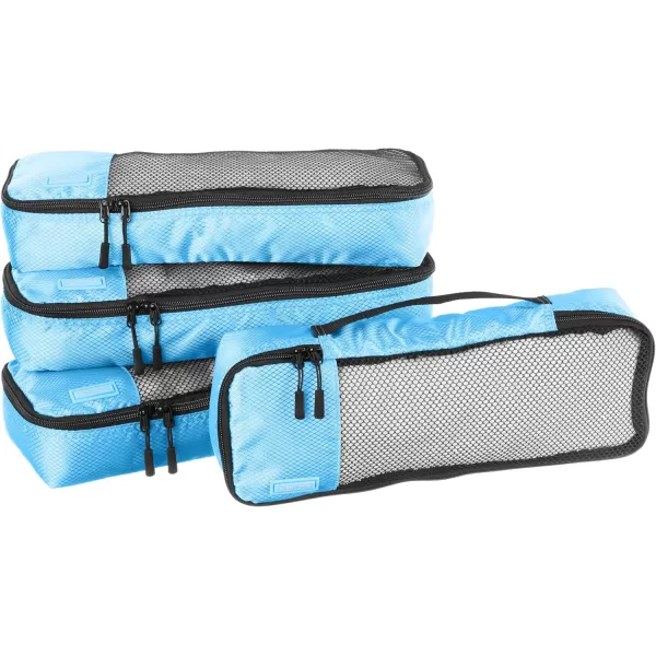 imageAmazon Basics Lightweight Packing Cubes for Travel 4 Piece Set With Double Zipper Pulls and Mesh Top Panel 100 Durable Polyester Small Sky BlueSky Blue