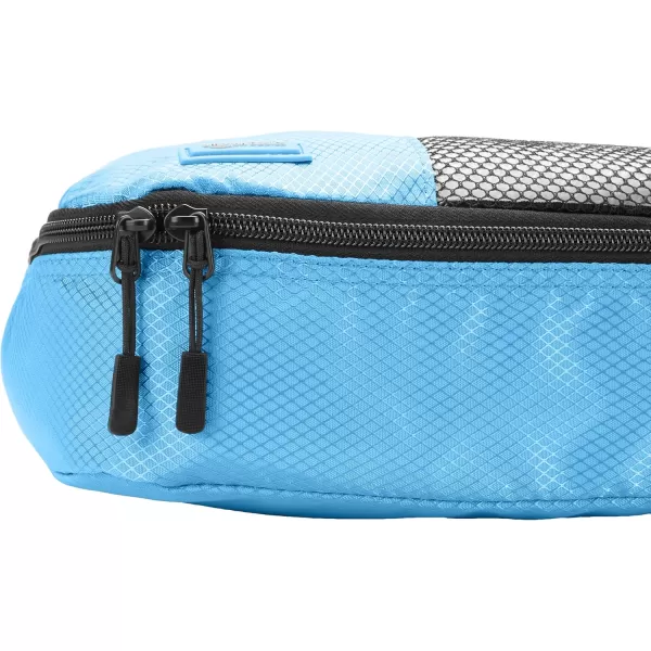 imageAmazon Basics Lightweight Packing Cubes for Travel 4 Piece Set With Double Zipper Pulls and Mesh Top Panel 100 Durable Polyester Small Sky BlueSky Blue