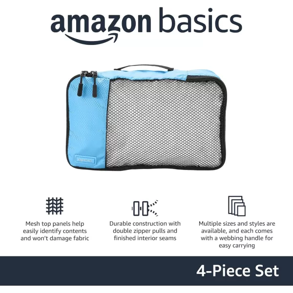 imageAmazon Basics Lightweight Packing Cubes for Travel 4 Piece Set With Double Zipper Pulls and Mesh Top Panel 100 Durable Polyester Small Sky BlueSky Blue