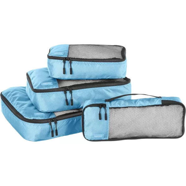 imageAmazon Basics Lightweight Packing Cubes for Travel 4 Piece Set With Double Zipper Pulls and Mesh Top Panel 100 Durable Polyester Small Sky BlueSky Blue
