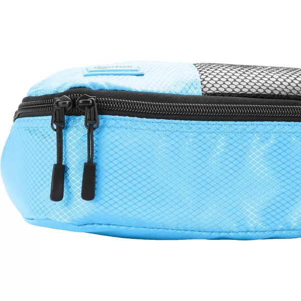 imageAmazon Basics Lightweight Packing Cubes for Travel 4 Piece Set With Double Zipper Pulls and Mesh Top Panel 100 Durable Polyester Small Sky BlueSky Blue