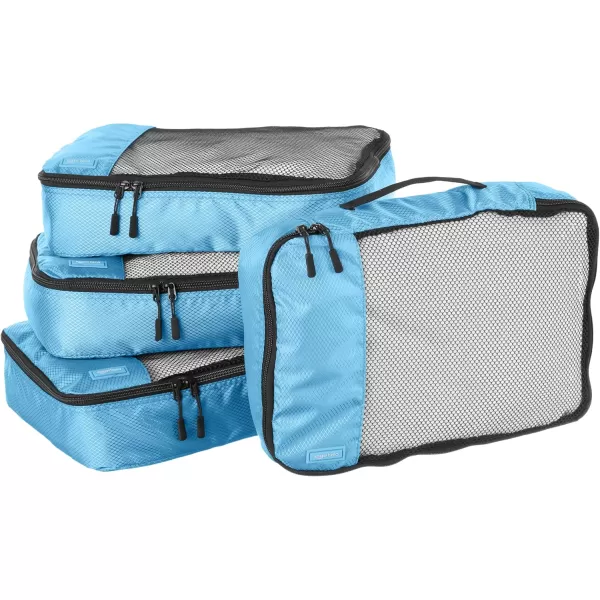 imageAmazon Basics Lightweight Packing Cubes for Travel 4 Piece Set With Double Zipper Pulls and Mesh Top Panel 100 Durable Polyester Small Sky BlueSky Blue