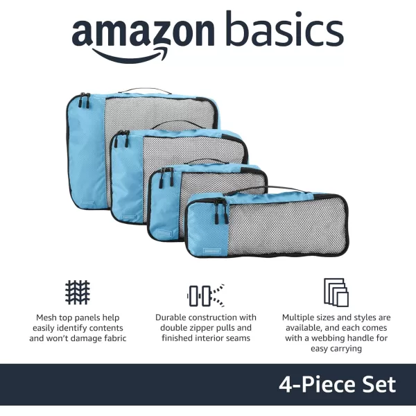 imageAmazon Basics Lightweight Packing Cubes for Travel 4 Piece Set With Double Zipper Pulls and Mesh Top Panel 100 Durable Polyester Small Sky BlueSky Blue
