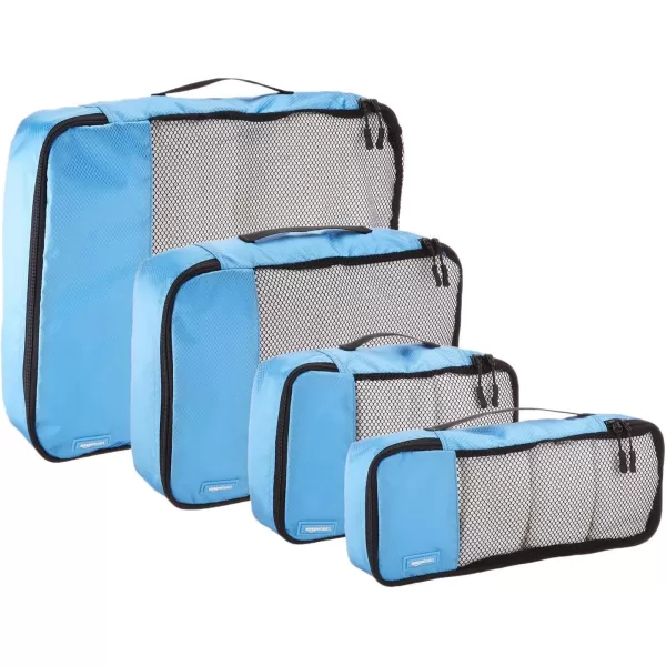 imageAmazon Basics Lightweight Packing Cubes for Travel 4 Piece Set With Double Zipper Pulls and Mesh Top Panel 100 Durable Polyester Small Sky BlueSky Blue