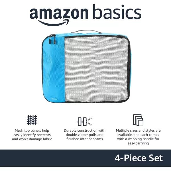 imageAmazon Basics Lightweight Packing Cubes for Travel 4 Piece Set With Double Zipper Pulls and Mesh Top Panel 100 Durable Polyester Small Sky BlueSky Blue