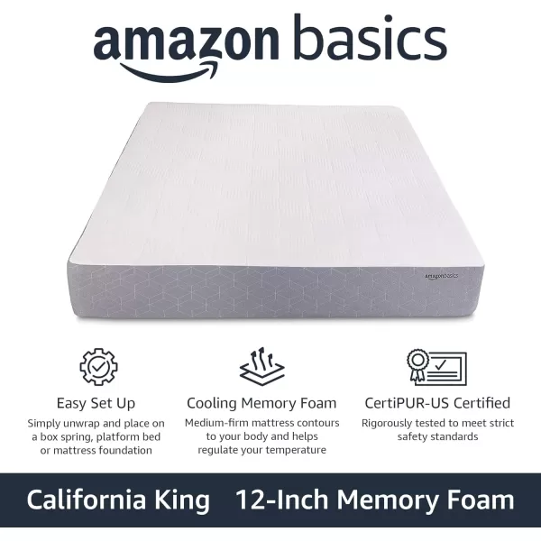 imageAmazon Basics Memory Foam Mattress Medium Firm Cooling Gel Queen Size Mattress CertiPURUS Certified 80 x 60 x 12 inches WhiteGrayCalifornia King