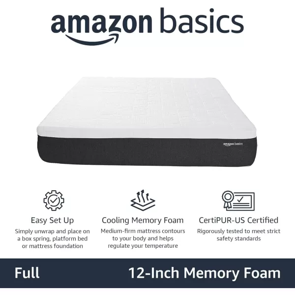 imageAmazon Basics Memory Foam Mattress Medium Firm Cooling Gel Queen Size Mattress CertiPURUS Certified 80 x 60 x 12 inches WhiteGrayFull
