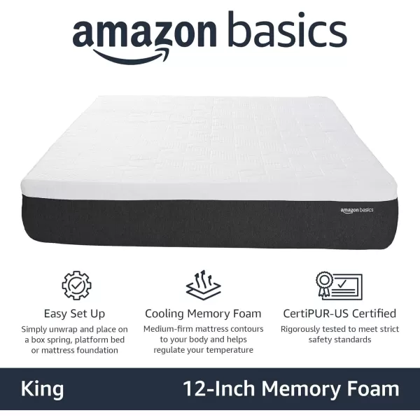 imageAmazon Basics Memory Foam Mattress Medium Firm Cooling Gel Queen Size Mattress CertiPURUS Certified 80 x 60 x 12 inches WhiteGrayKing