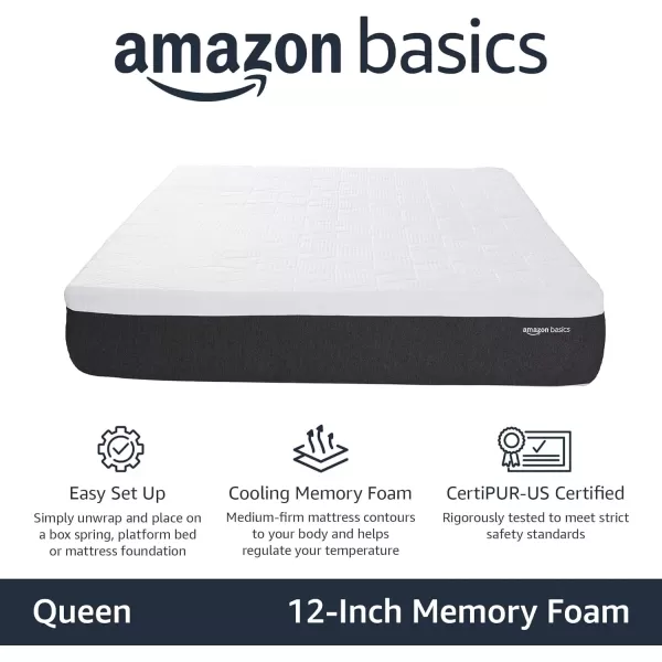 imageAmazon Basics Memory Foam Mattress Medium Firm Cooling Gel Queen Size Mattress CertiPURUS Certified 80 x 60 x 12 inches WhiteGrayQueen