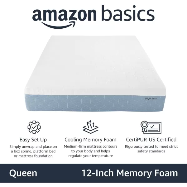 imageAmazon Basics Memory Foam Mattress Medium Firm Cooling Gel Queen Size Mattress CertiPURUS Certified 80 x 60 x 12 inches WhiteGrayQueen
