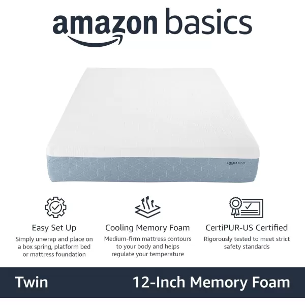 imageAmazon Basics Memory Foam Mattress Medium Firm Cooling Gel Queen Size Mattress CertiPURUS Certified 80 x 60 x 12 inches WhiteGrayTwin