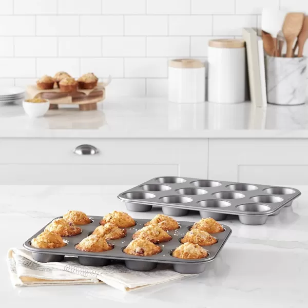 imageAmazon Basics Nonstick Round Muffin Baking Pan 12 Cups Set of 2 Gray 139x1055x122quot