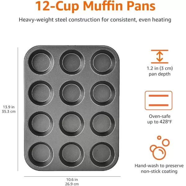imageAmazon Basics Nonstick Round Muffin Baking Pan 12 Cups Set of 2 Gray 139x1055x122quot