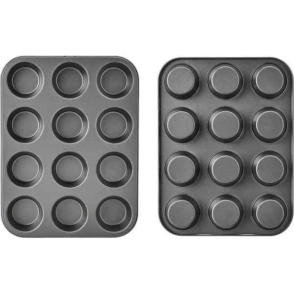 imageAmazon Basics Nonstick Round Muffin Baking Pan 12 Cups Set of 2 Gray 139x1055x122quot