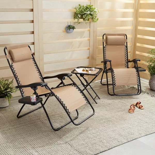 imageAmazon Basics Outdoor Mesh Adjustable Zero Gravity Lounge Chair Recliners with Side Table 35 x 26 x 43 inches BlueBeige