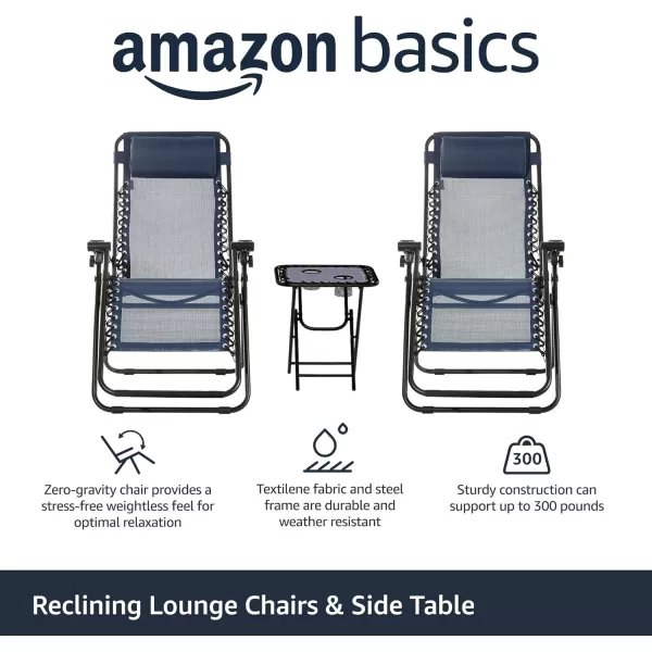 imageAmazon Basics Outdoor Mesh Adjustable Zero Gravity Lounge Chair Recliners with Side Table 35 x 26 x 43 inches BlueBlue