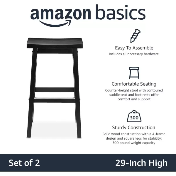 imageAmazon Basics Solid Wood SaddleSeat Kitchen Island Counter Barstool 29Inch Height Black  Set of 2Black
