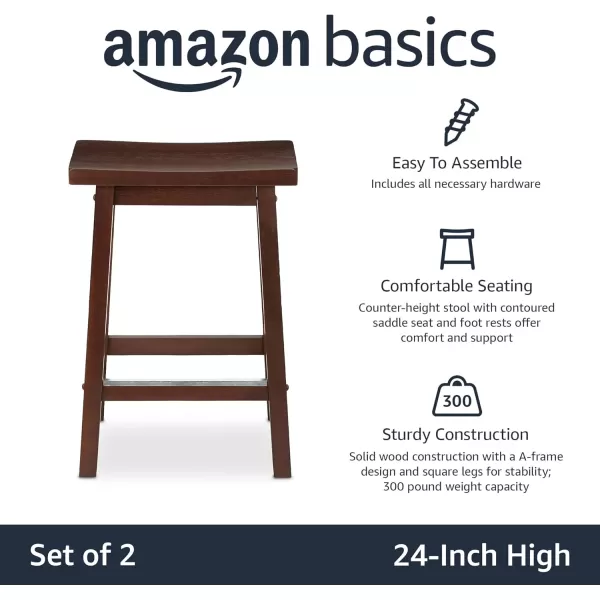 imageAmazon Basics Solid Wood SaddleSeat Kitchen Island Counter Barstool 29Inch Height Black  Set of 2Walnut