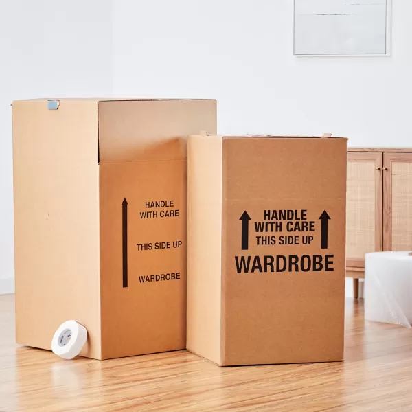 imageAmazon Basics Sturdy Wardrobe Clothing Storage Moving Boxes with Bar Easy to Assemble 6 Pack Brown 24quot x 24quot x 40quotBrown