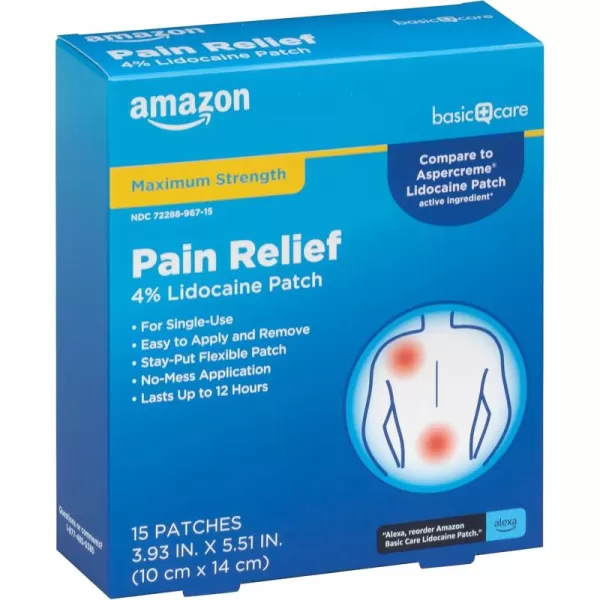 imageAmazon Basic Care Maximum Strength OTC Pain Relief  4 Lidocaine Patch 39 x 55 15Count Box Previously HealthWise15 Count Pack of 1